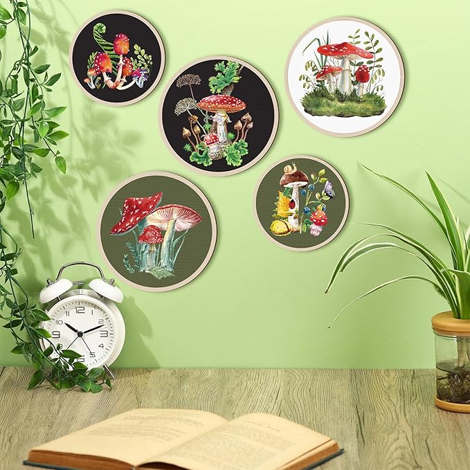 Qunclay 5 Pcs Wall Art Decor Wooden Living Room Wall Decor Bohemian Hanging Farmhouse Geometric 10'' and 8'' Aesthetic Wood Minimalist Posters for Bedroom(Mushroom)-Ruum Studio Home