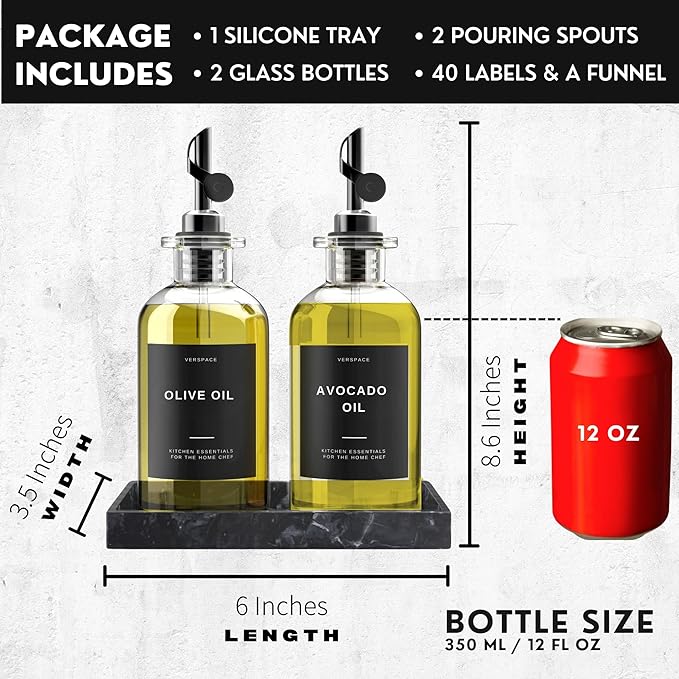 Olive Oil Dispenser Bottle For Kitchen With Silicone Tray & 40 Labels, Soy Sauce Dispenser, Coffee Syrup Dispenser, Olive Oil Bottles Set Of 2, Black-Ruum Studio Home