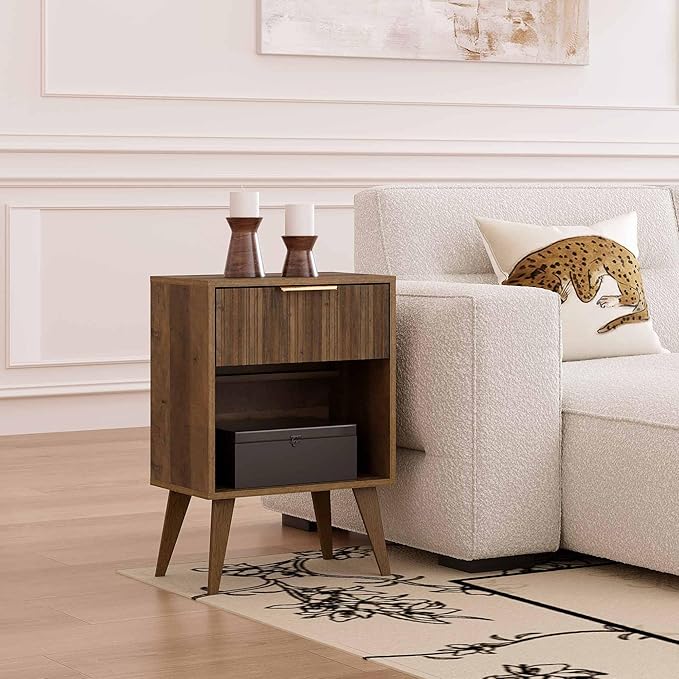Fluted Night Stand with Opening Storage,Mid Century Bedside Table with Drawer,Wood Nightstand with Solid Wood Legs,End Table Side Table for Living Room,Bedroom,Caramel Oak CTG56BR-Ruum Studio Home