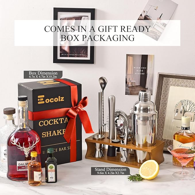 Bartender Kit Cocktail Shaker Set with Stand Bar Tool Bar Set for Drink Mixing Home Bartending Kit 17-Piece Bar Cart Accessories: Martini Shaker, Mixer Spoon, Jigger, Muddler, Strainer & Recipes Gifts-Ruum Studio Home