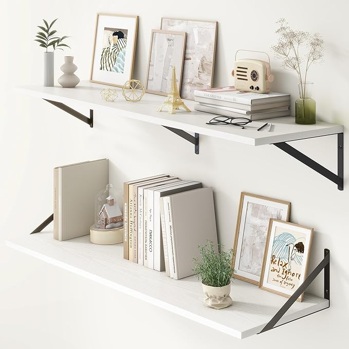 12 Inch Deep Floating Shelves, White Floating Shelves 48W x 12D, Deep Wall Shelves Bracket Set of 2, Large Display Hanging Floating Shelf for Bathroom, Living Room, Wide Storage Wooden Wall Shelf-Ruum Studio Home