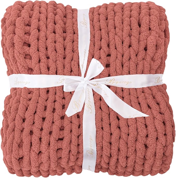 Bigacogo Chunky Knit Throw Blanket for Couch, 51x63 inches, 100% Hand Knitted with Thick Jumbo Chenille Yarn, Cozy Soft Large Rope Knot Cable Crochet Blankets for Sofa Bed Living Room, Antique Red-Ruum Studio Home