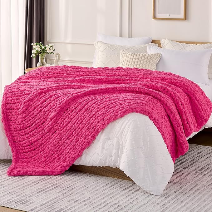 L'AGRATY Chunky Knit Blanket Throw: 50''x60'' Chenille Chunky Knitted Throw Blanket for Bed Couch - Handmade Thick Big Cable Knit Blankets - Large Crochet Rope Blanket for Home Decor(Hot Pink)-Ruum Studio Home