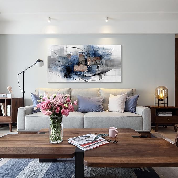 Mofutinpo Canvas Wall Art for Living Room, Bedroom, Office - Large Wall Art Decor - Abstract Wall Art - Modern Black and White Paintings,Blue and Grey Wall Decor, Artwork and Pictures for Wall 24×48-Ruum Studio Home
