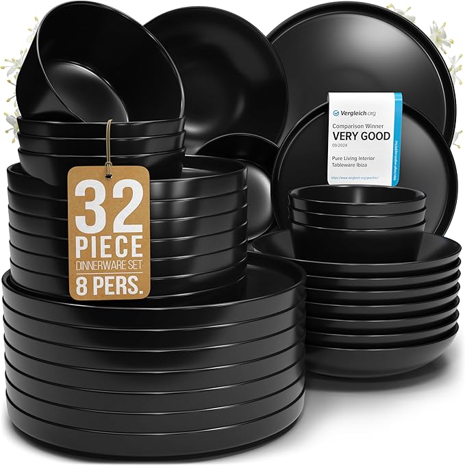 Matte Black Dinnerware Set - 32-Piece Stoneware Set for 8 People - Dishwasher & Microwave Safe - Black Matte-Ruum Studio Home