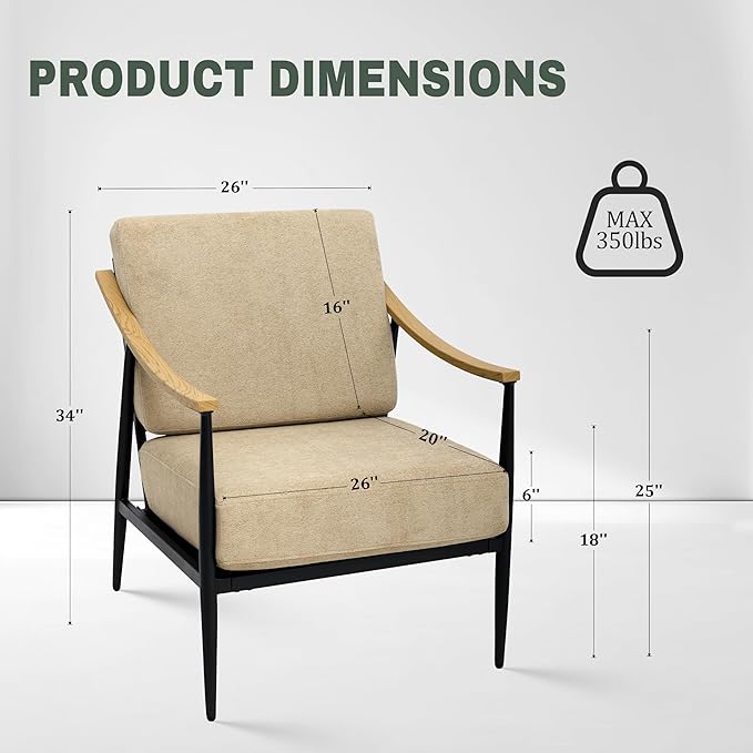 Modern Accent Chair for Living Room Bedroom Mid Century Arm Chair Upholstered Office Accent Chair Comfy Waiting Room Chair with Metal Frame, Khaki-Ruum Studio Home