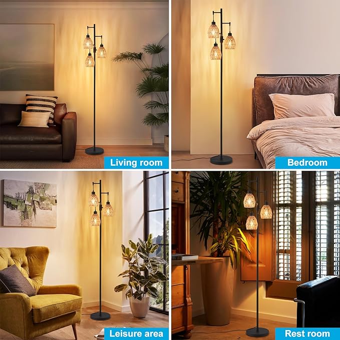 Boho Rattan Floor Lamp-Standing Lamps for Living Room 70'' Dimmable Floor Lamp with Cage Shade, Industrial Farmhouse Floor Lamps Rustic Floor Lamps Vintage Lamp for Living Room Bedroom Office-Ruum Studio Home