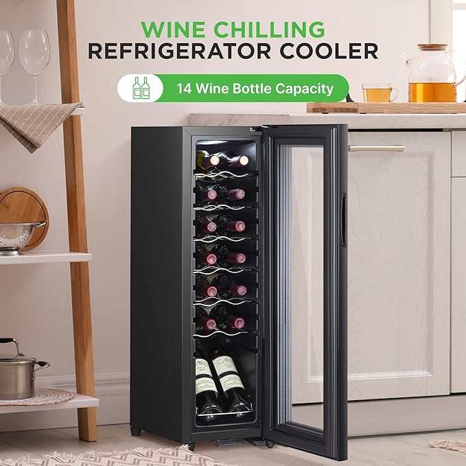 NutriChef Single-Zone Wine Cooler & Chiller – Digital Touch Control, Airtight Seal, 14-Bottle Capacity, Black-Ruum Studio Home