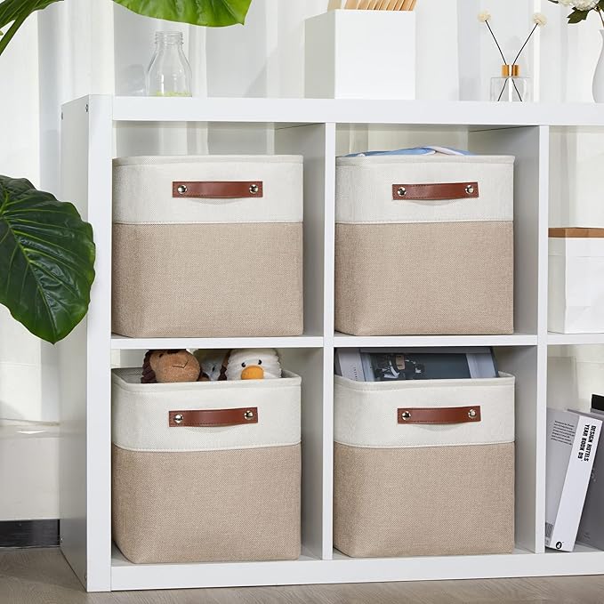 DULLEMELO 11 inch Cube Storage Bins, Large Collapsible Grey Storage Baskets for Square Cubes Organizing, Fabric Boxes Bins for Shelves Nursery Home Office Storage(4 Pack - 11" White&Khaki)-Ruum Studio Home