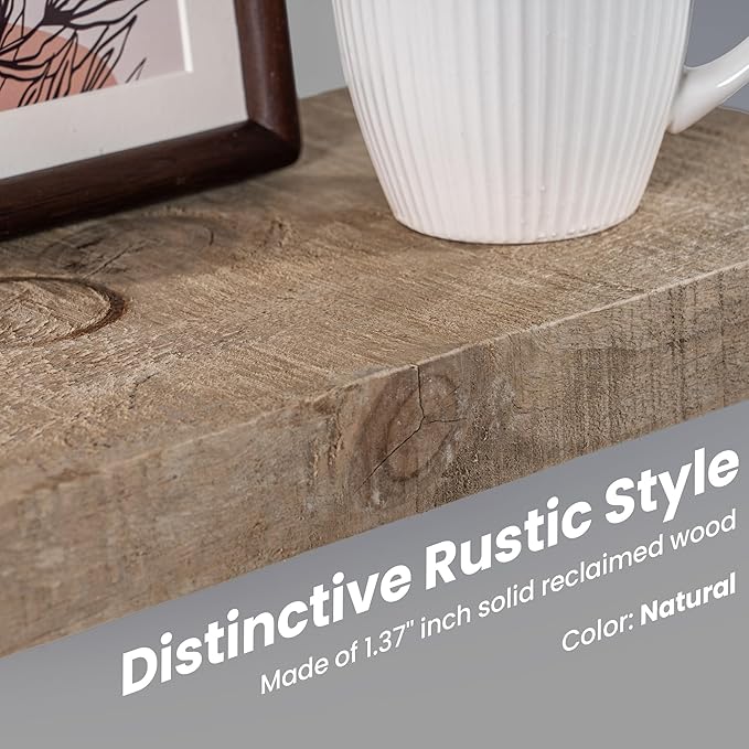 Floating Shelves - 8" Deep Rustic Reclaimed Barnwood Wall Hanging Shelves with Invisible Heavy-Duty Metal Bracket - Wall Mounted - Farmhouse Style - 48 inches, Distressed Natural-Ruum Studio Home