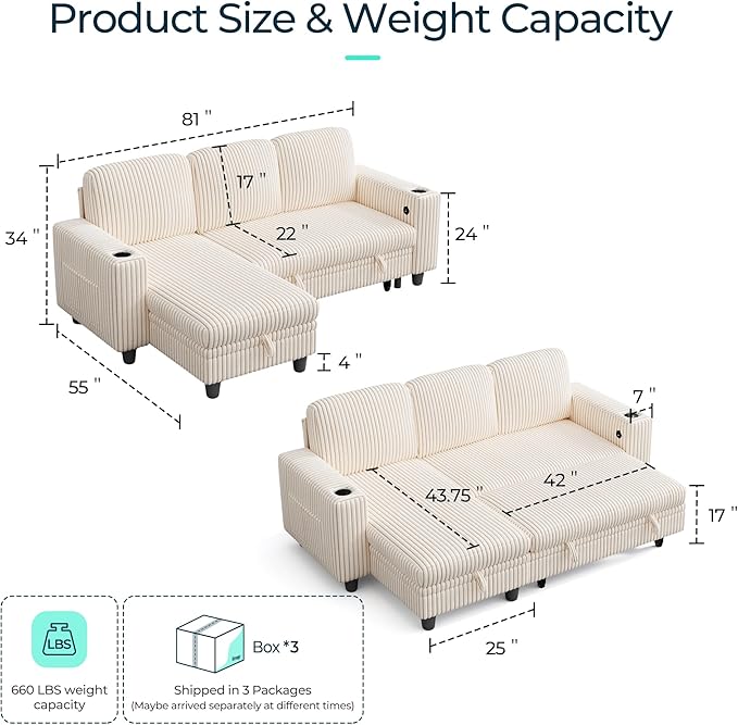 LINSY HOME Sectional Sleeper Sofa with Pull Out Couch Bed - Convertible Plush Corduroy Cloud Couch with Storage Chaise & USB Charging, Comfy L Shaped Modular Couches for Living Room Apartment, Beige-Ruum Studio Home
