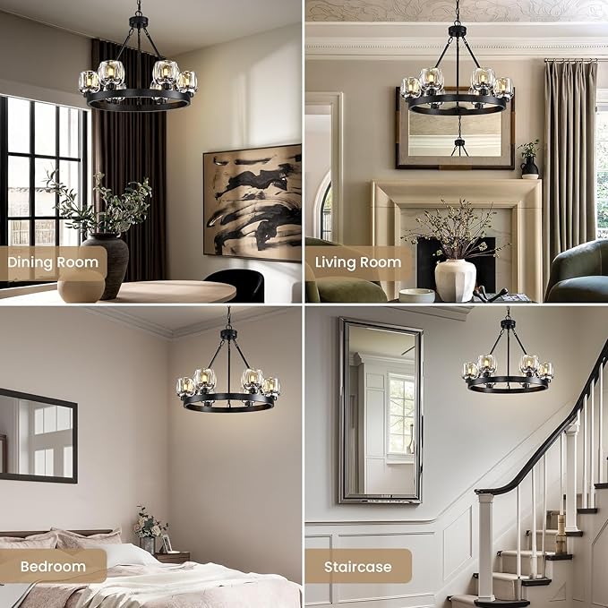 Black Wagon Wheel Chandelier, 24 Inch Black Chandeliers with Unique Glass Shade, 6-Light Crystal Farmhouse Wagon Wheel Chandeliers for Dining Room, Round Chandelier for Living Room, Foyer, Entryway-Ruum Studio Home