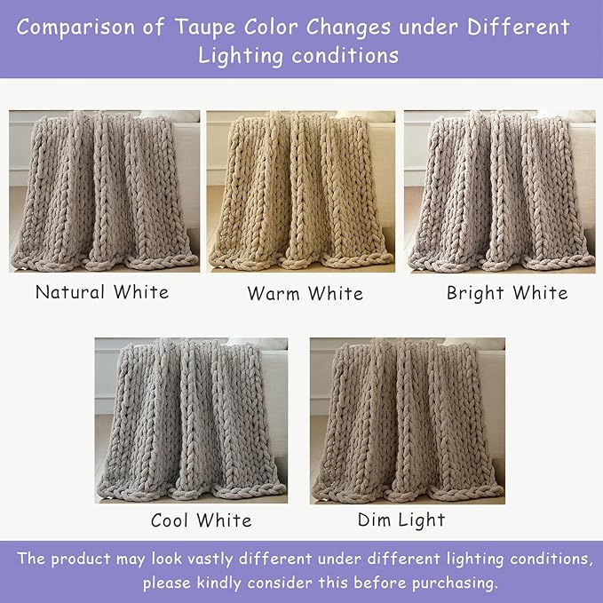 Bigacogo Chunky Knit Throw Blanket for Couch, 40x40 inches, 100% Hand Knitted with Thick Jumbo Chenille Yarn, Cozy Soft Large Rope Knot Cable Crochet Blankets for Sofa Bed Living Room, Taupe-Ruum Studio Home
