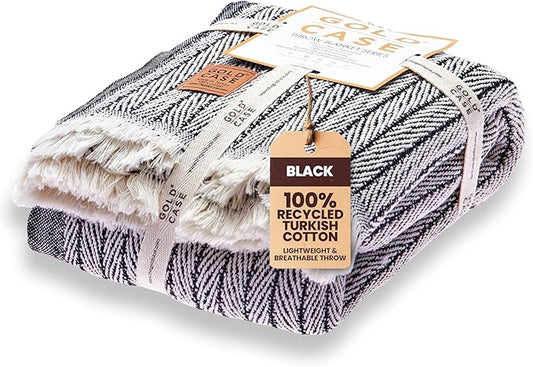 Gold Case Throw Blanket for Couch – 100% Recycled Turkish Cotton Blankets & Throws – Elegant Decorative Throw Blankets for Living Room Sofa – Woven Throws for Couch – Retro Black – 50x60-Ruum Studio Home
