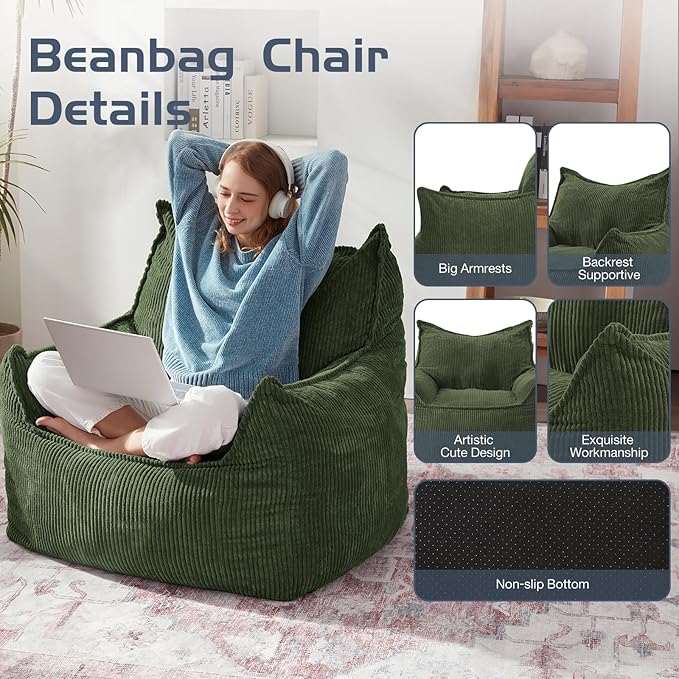 Giant Bean Bag Chair Sofa for Adults Teens, Comfy Corduroy Large Bean Bag Chairs with Armrests for Bedroom Living Room, Adult BeanBag Lazy Sofa Couch Chairs with Filler Included-Ruum Studio Home