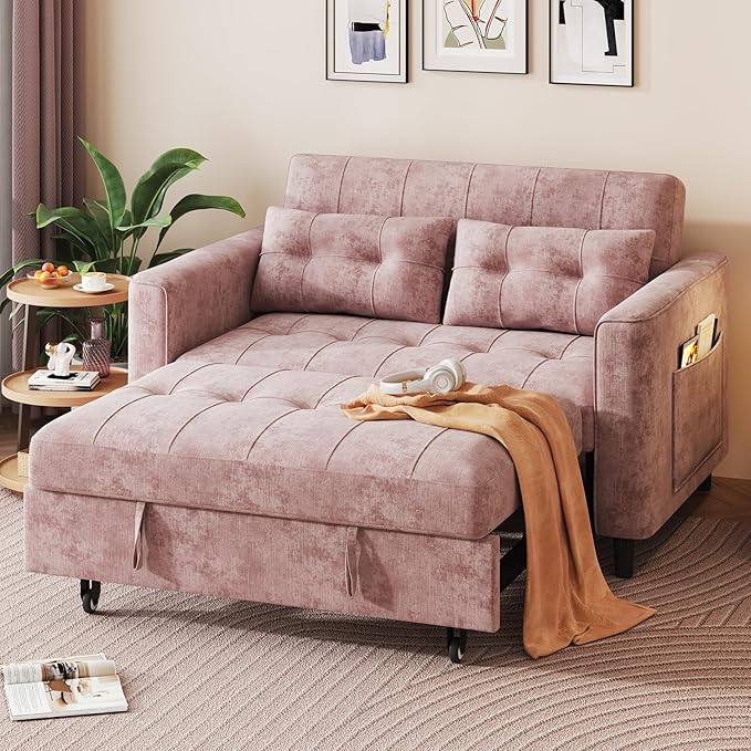 3 in 1 Convertible Sleeper Sofa Bed, Pull Out Couch Bed with Adjustable Backrest, Chenille Loveseat Couches with Side Pocket for Living Room, Bedroom (Pink)-Ruum Studio Home