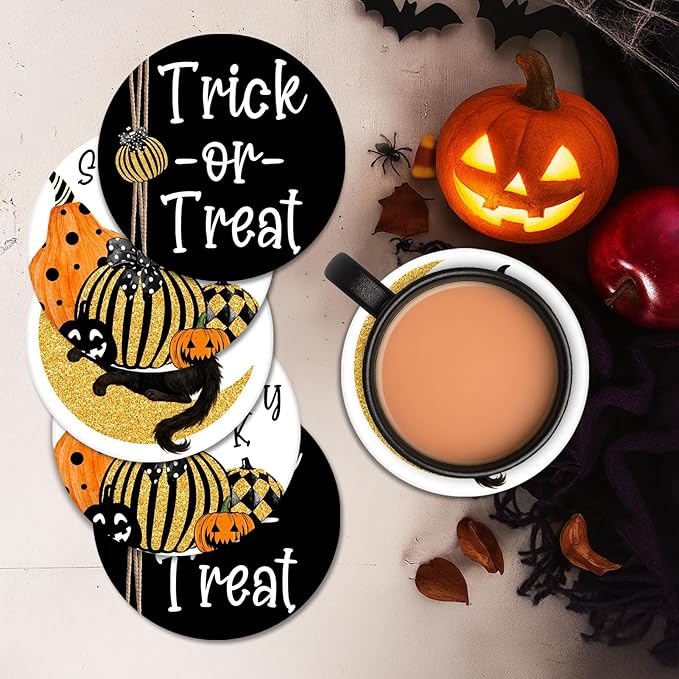Coaster for Drinks Set of 6, Halloween Boo Black Cat Trick or Treat Spooky Pumpkin Bat Absorbent Round Ceramic Stone Mat, with Cork Base and Metal Holder, Gift for Housewarming Room Bar Decor-Ruum Studio Home