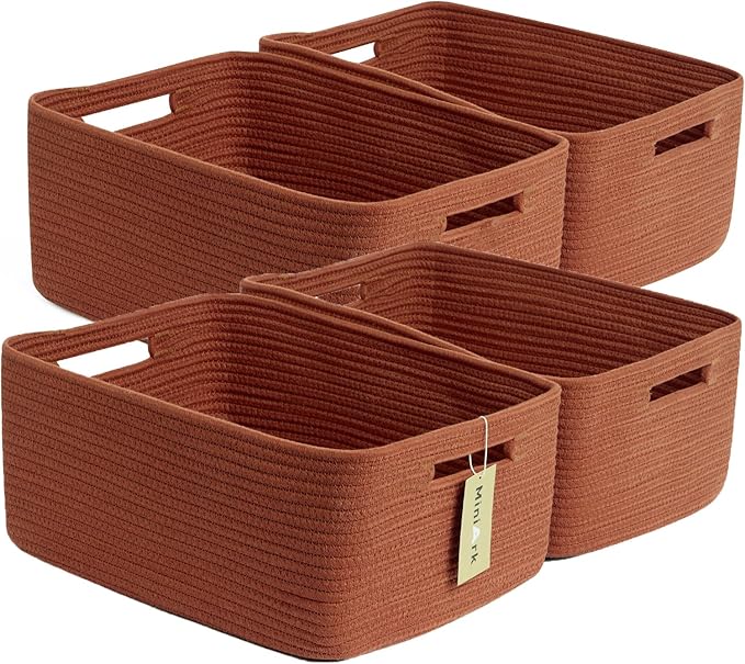 Large Storage Baskets for Organizing, Closet Shelf Baskets for Clothes Blanket Towels, Baby Nursery, Toy Bins Box, Woven Rope Baskets, 17 x 13 x 7.5”, 4 Packs Oxide Red-Ruum Studio Home