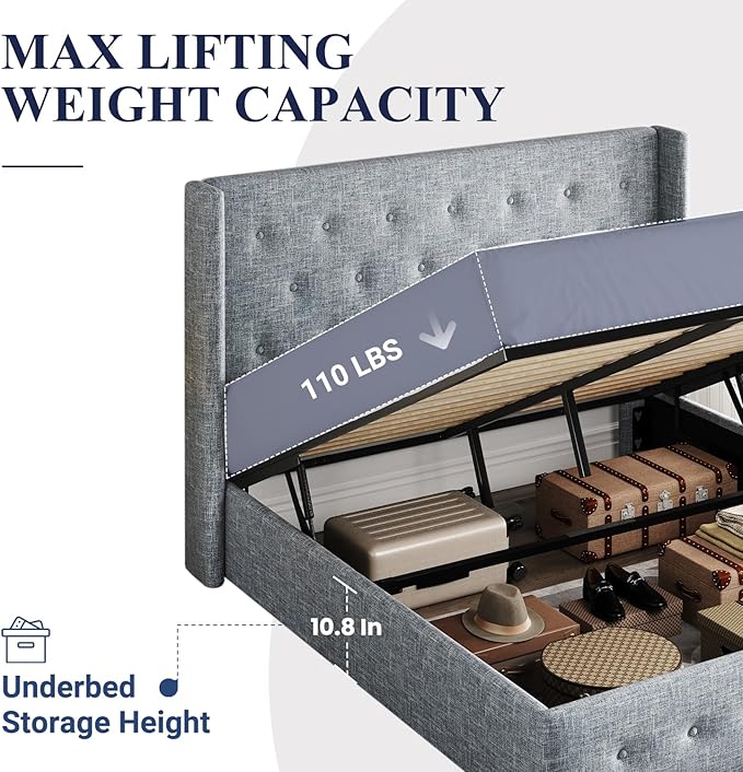 Allewie Full Size Lift Up Storage Bed, Button Tufted Headboard with Wingback, Hydraulic Support, No Box Spring Needed, Grey Blue-Ruum Studio Home