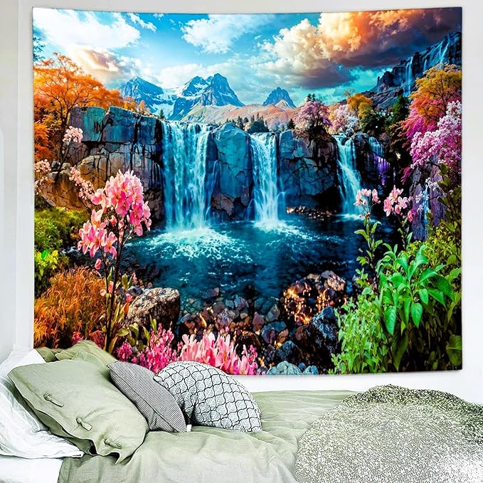 Delur Waterfall Tapestry Tropical Forest Mountain Sunset Tree Wall Hanging Tapestry Scenic Rainforest Landscape Nature Sunrise Headboard for Bedroom Living Room Home Decor (70.8" x 92.5")-Ruum Studio Home