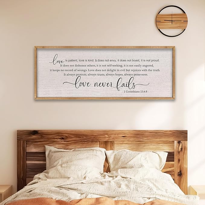 LuZhiQiang Love is Patient Love is Kind Wall Decor 40"X15" Bible Verse Quote 1 Corinthians 13 For Bedroom Above Bed Christianity Couple Sign Large Wood Framed Wall Hanging Art (Wood)-Ruum Studio Home