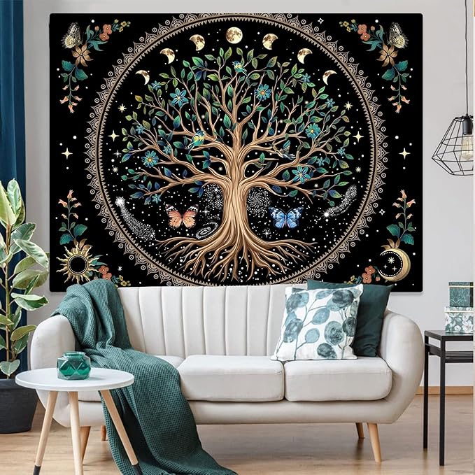 Lunerfex Tree of Life Tapastry Sun and Moon Tapastry Flower Boho Tree Mandala Wall Hanging for Bedroom and Living Room Decor Green Tree 44×60 Inches-Ruum Studio Home