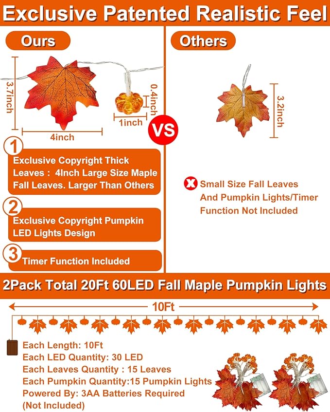 2 Pack & Timer - Fall Garland with Pumpkin Lights Halloween Fall Decor for Home 60LED 20Ft Enlarged Maples Leaves Halloween Garland Lights Indoor Battery Operated Thanksgiving Decor Wedding Christmas-Ruum Studio Home