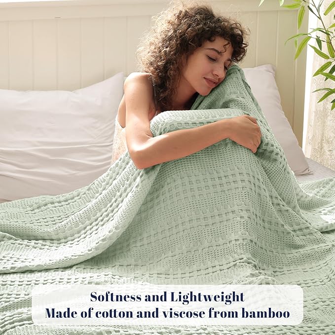 PHF Cooling Waffle Blanket Queen Size, Lightweight 60% Rayon Derived from Bamboo & 40% Cotton Breathable Blanket for Hot Sleepers, Soft and Luxury for Bed Couch and Sofa, 90"x90", Mint-Ruum Studio Home