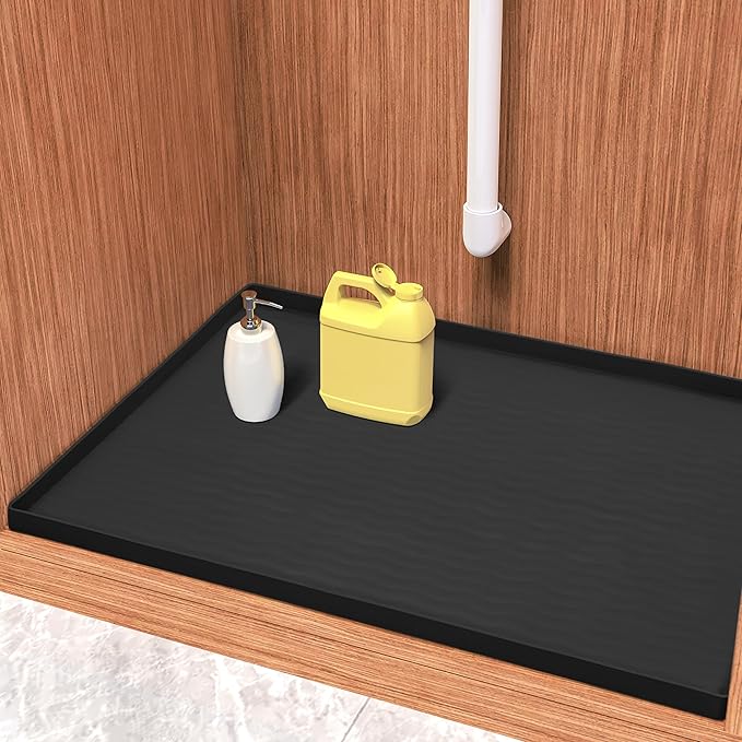 URMONA Waterproof Silicone Under Sink Mat 28'' x 19'' Shelf Liner for Kitchen and Bathroom, Cabinet and Counter Protector, Storage and Organizers, Litter Mat, Pet Cat Puppy Essentials(Black)-Ruum Studio Home