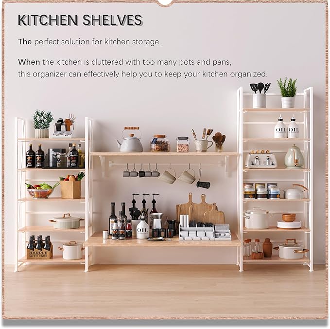 4NM No Assembly Foldable Bookshelf, 6-Shelf Collapsible Bookcase Storage for Small Spaces, 74" H, Natural White-Ruum Studio Home