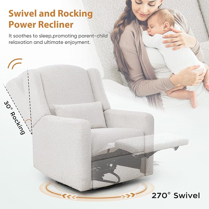 Power Recliner Chair Swivel Glider, Large Rocker Recliner with Ottoman & USB Charging Port, Boucle Upholstered Swivel Rocker Glider Recliner for Nursery,Bedroom,Living Room, Cream-Ruum Studio Home