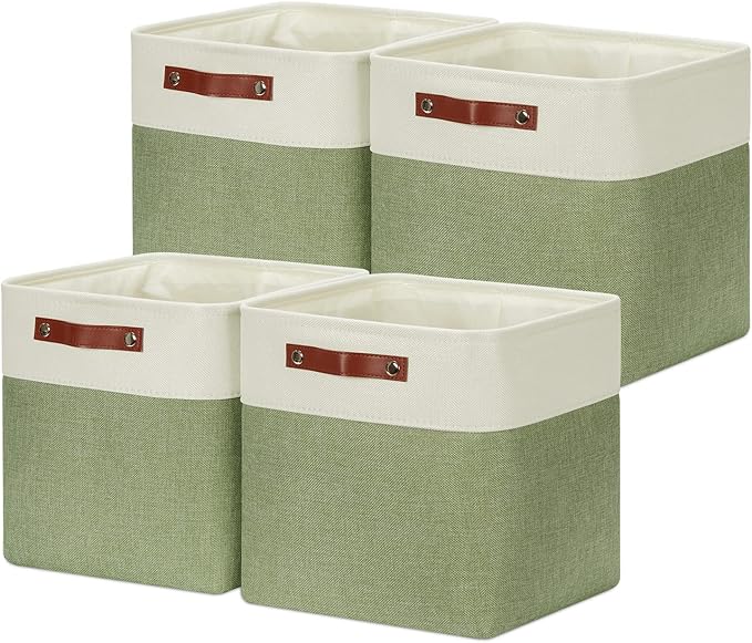 DULLEMELO Storage Basket, Linen Closet Organizers and Storage Baskets for Home Office, Suitable as Dog Toy Box, Baby Gift Basket, 4 Pieces 12x12 Decorative Cube Storage Bins(4 Pack - 12" White&Green)-Ruum Studio Home