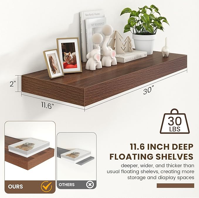Deep Floating Shelves for Wall | 30 Inch Wide x 12 Inch Deep Floating Shelves | 30W x 12D Rustic Walnut Wide Wall Shelves | Bookshelf Laundry Shelf TV Shelf-Ruum Studio Home