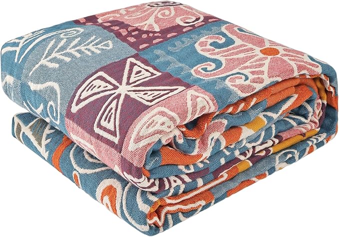 Boho Throw Blanket for Bed - 100% Pure Cotton Ultra Soft Rustic Quilt - Farmhouse Decor Bed Blankets, All Season Rustic Throw for Sofa Couch Chair(80''x 90'', Art Squares)-Ruum Studio Home