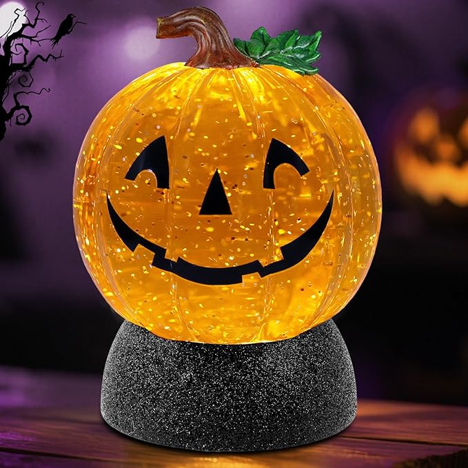 Halloween Snow Globe Lantern Pumpkin Lighted Halloween Snow Globes Battery Operated or USB Powered with 6H Timer Musical Snow Globe Glitter for Spooky Party Home Table Decorations (Pumpkin)-Ruum Studio Home