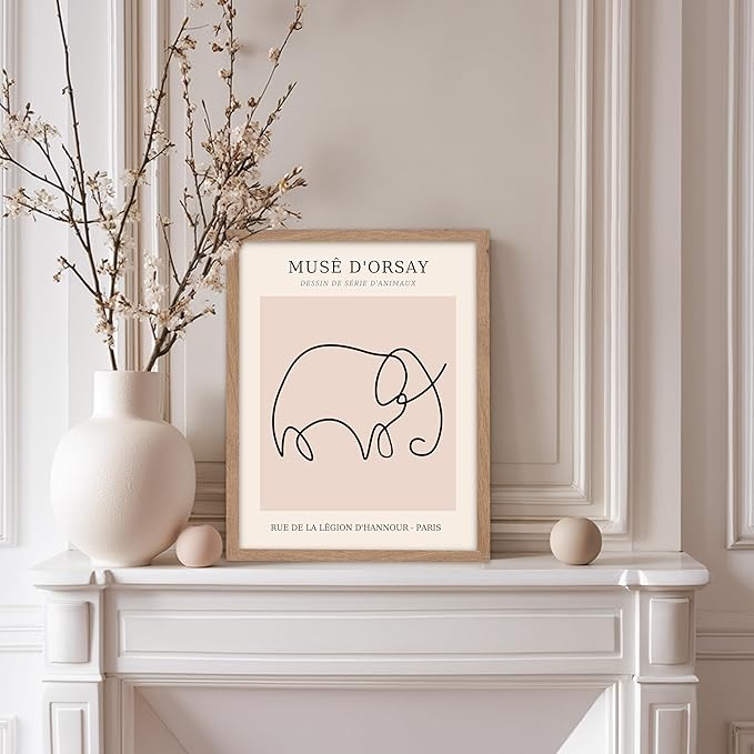 Poster Master Vintage Poster - Retro One Line Elephant Drawing Print - Elephant Art - Minimal Gift for Men, Women, Animal Lover - Abstract Wall Decor for Home, Office, 8x10 Beige Framed-Ruum Studio Home