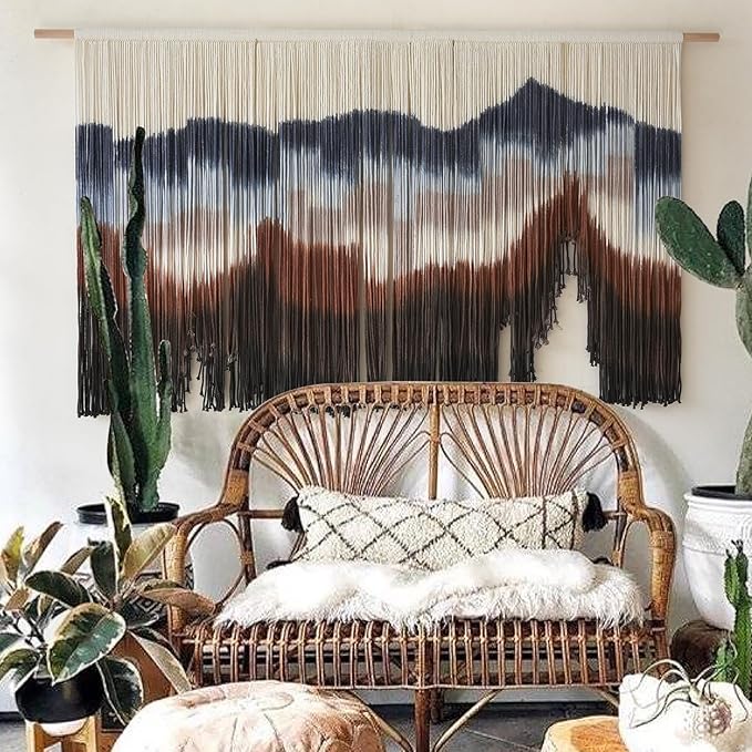 Flber Large Macrame Wall Hanging 57" W x 31" L Handmade Dip Dye Tapestry Bohemian Fiber Art Wall Hanging Mountain Inspired Wall Tapestry Neutral Rustic Wall Decor for Bedroom Living Room-Ruum Studio Home