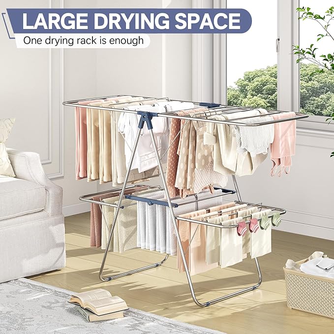 APEXCHASER Clothes Drying Rack with 4 Wings, Drying Rack Clothing with Height-Adjustable, Foldable Gullwings Laundry Drying Rack, Indoor Outdoor Use, No Assembly, Blue-Ruum Studio Home