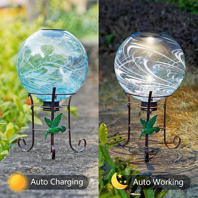 10 Inch Solar Glass Gazing Ball, with 9.4" Tall Metal Gazing Globe Stand, Solar Ball Lights Display Holder Set for Outdoor Garden Lawn Yard Decoration, Blue Water Ripple-Ruum Studio Home