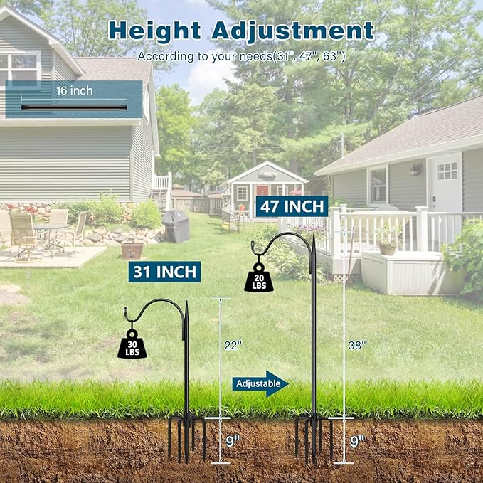 Gtongoko 47 inch Small Shepherds Hooks for Outdoor with 5 Prongs, Adjustable Bird Feeder Pole Garden Hooks for Hanging Lanterns, Plants Baskets, Hummingbird Feeders, 2 Pack-Ruum Studio Home
