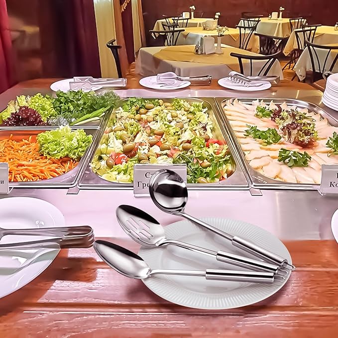 Pleafind Serving Utensils Set for Parties,3-Piece Silver Stainless Steel utensils set,Includes 1 Serving Spoon, 1 Slotted Spoon and 1 Soup Ladle,Serving Spoons for Buffet-Ruum Studio Home