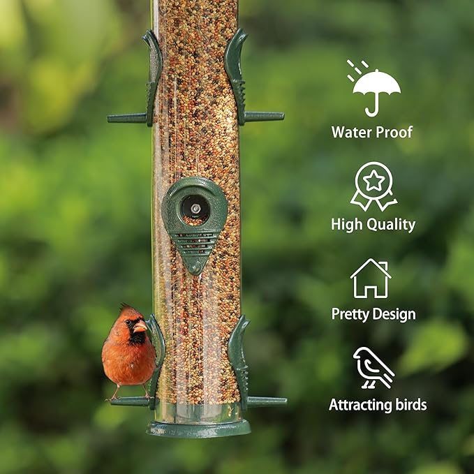MIXXIDEA 1PK Metal Bird Feeders with 6 Feeding Ports,Tube Bird Feeder with Steel Hanger,Hard Plastic Wild Bird Feeder for Outdoors Hanging, Attracting Birds in Your Lawn, Garden, Balcony–Green-Ruum Studio Home