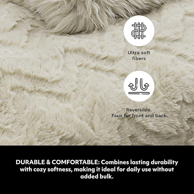 Mon Chateau Premium Reversible Queen Size Luxury Faux Fur Throw for Couch, Sofa, or Queen Size Bed - Plush Cozy Soft Blanket for Sleeping or Home Décor, 60" x 70" (Beige Jacquard)-Ruum Studio Home