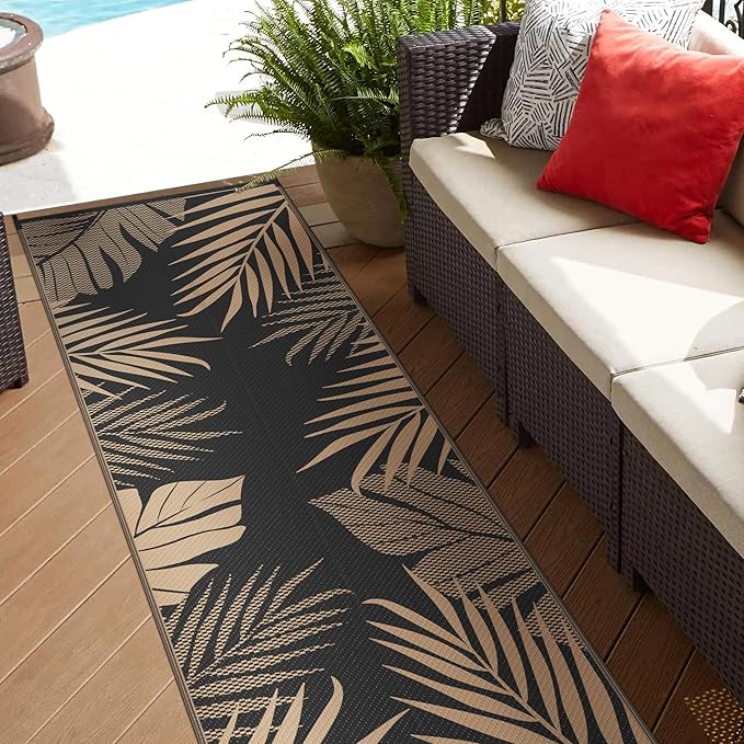 GENIMO Outdoor Rug 2.5' x 8' Waterproof for Patios Clearance, Reversible Outdoor Plastic Straw Camping Rug Carpet, Large Area Rugs Mats for RV, Camper, Deck, Balcony, Porch, Beach, Picnic, Black&Brown-Ruum Studio Home