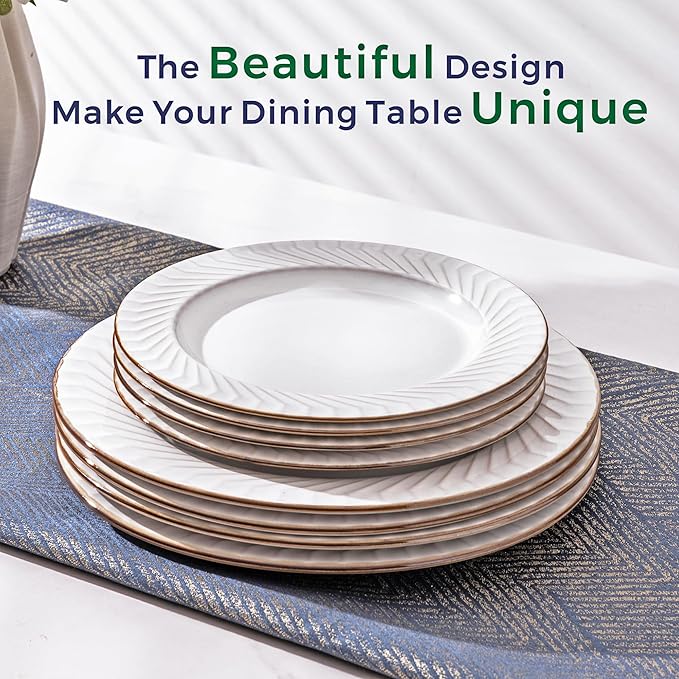 GBHOME Ceramic Dinnerware Sets,12 pcs Embossed Elegant Stoneware Plates and Bowls Sets, Housewarming Wedding Gift | Dishwasher & Microwave Safe | Dishes Set Service for 4-Ruum Studio Home
