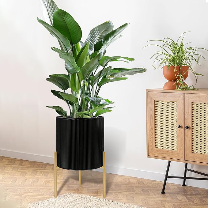 ARNIS Modern Plant Pots, Set of 2 Round Large Planters with Stand, Large Size Metal Pots with Drainage Holes for Living Room, Office, Garden or Balcony, 10.5 &12.25 Inch, Black & Gold-Ruum Studio Home