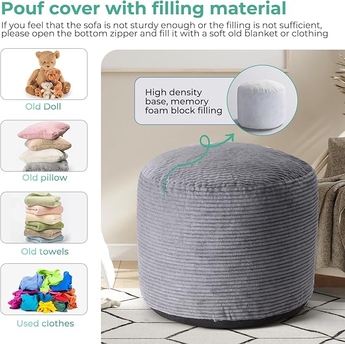 Dual-Size Corduroy Footrest with Hidden Zipper – Ergonomic Memory Foam Ottoman Poufs for Office Desks, Couches & Delicate Floors, Dark Gray 20"x 15"-Ruum Studio Home