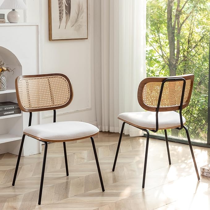 Rattan Dining Chairs Set of 2, Mid Century Modern Dining Chairs with Cane Back for Kitchen Dining Room, 19 Inch Fabric Beige-Ruum Studio Home