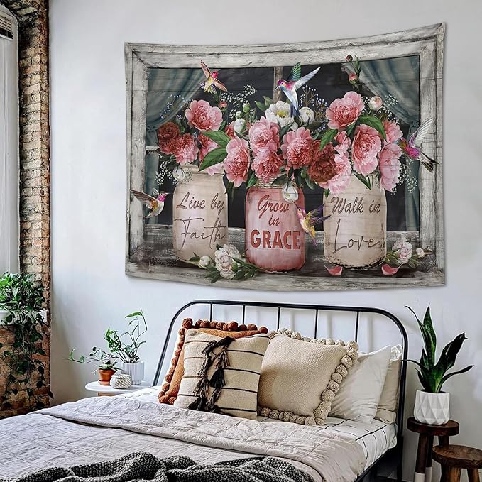 yowecso Farmhouse Rose Tapestry Peony Flower Tapestry Wall Hanging for Bedroom Floral Tapestries Aesthetic Wall Decor for Home Dorm Living Room 50"x60"-Ruum Studio Home