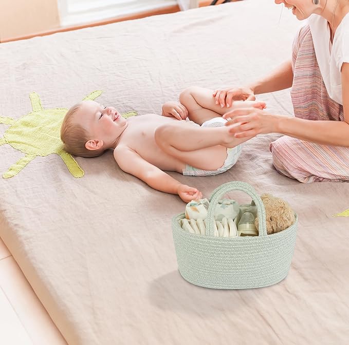 Diaper Caddy Organizer Cotton Rope Baby Basket Nursery Storage and Portable Tote Bag for Car Ideal Baby Shower Gifts and Registry Must-Have for Newborn Essentials light green-Ruum Studio Home